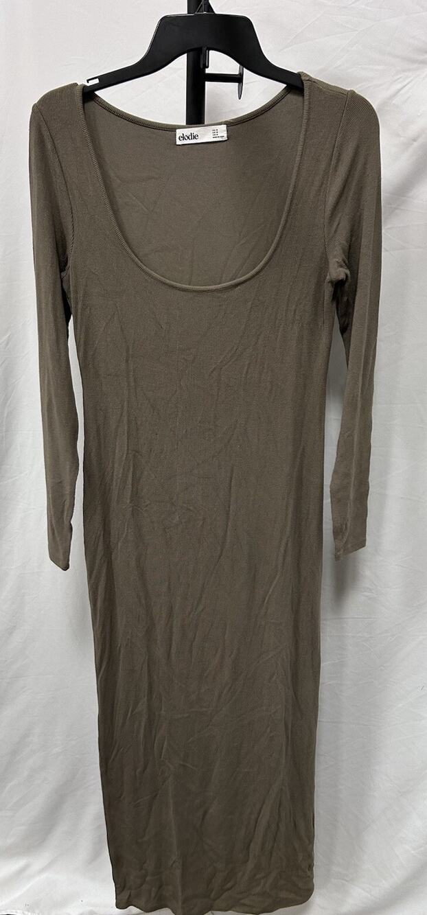 NEW Elodie Olive Green Ribbed Knit Scoop Neck Long Sleeve Maxi Dress Size M